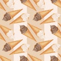 Sweet pattern with cone ice-cream. Realistic chocolate and vanilla dessert.