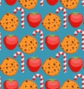 Sweet pattern. Cookies and mint stick ornament. Strawberry background. Peppermint Christmas candy. Dessert texture