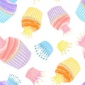 Sweet pattern of cupcakes and cute crowns in pastel colors