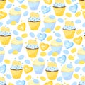 Sweet pattern with cupcakes, macaroons and hearts. Love.