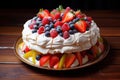 Sweet Pavlova cake berries kitchen. Generate Ai Royalty Free Stock Photo