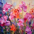 Sweet pea flowers. Digital square oil painting, impasto, printable wall art