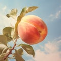 Sweet peach fruits ripening on peach tree branch in the garden Royalty Free Stock Photo