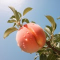 Sweet peach fruits ripening on peach tree branch in the garden Royalty Free Stock Photo