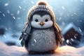 Sweet penguin chick, in snow coat, stands on wobbly feet Royalty Free Stock Photo