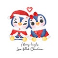 Sweet Penguin Couple in Santa Dress. Cute Cartoon Watercolor Illustration