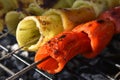 Sweet pepper on the grill. Roasted colorful bell pepper at on the grill. Red and yellow peppers. Grilled colorful yellow Royalty Free Stock Photo