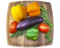 Sweet pepper, tomato, eggplant, parsley and fennel on a wooden tray