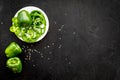 Sweet pepper. Vegetables for greeny organic smoothy for sport diet on dark background top view mockup Royalty Free Stock Photo