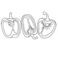 Sweet peppers black outline three halves on a white background
