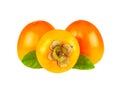 Sweet Persimmon Fruit With Leaf On White Background. Persimmon Fruits Retouched Image Royalty Free Stock Photo