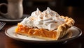 Sweet pie, whipped cream, fruit, indulgence, homemade, slice, coffee generated by AI