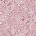 Sweet pink color 3d seamless pattern. Textured striped floral vector background. Embossed swirls ornament. Repeat ornamental Royalty Free Stock Photo