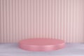Sweet Pink cylinder podium on soft furry carpet floor with pastel color wall, stage for product, 3d render