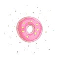 Sweet pink donut cartoon icon with colorful decoration. Vector icon cartooning tasty donut with hole. Sweet pink round