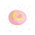 Sweet pink donut cartoon icon with colorful decoration. Vector icon cartooning tasty donut with hole. Sweet pink round