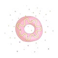 Sweet pink donut cartoon icon with colorful decoration. Vector icon cartooning tasty donut with hole. Sweet pink round