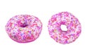 Sweet pink donut isolated on white background. Fresh donut covered in sprinkles isolated over white background. Donut with Royalty Free Stock Photo