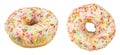 Sweet pink donut isolated on white background. Fresh donut covered in sprinkles isolated over white background. Donut with Royalty Free Stock Photo