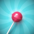 Sweet pink lollipop on stick on blue striped background