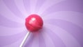 Sweet pink lollipop on stick on purple striped background