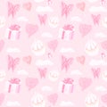 Sweet pink love elements pattern. Love and sweets template design. Watercolor pattern whit cupcake, red heart lolipop, heart Royalty Free Stock Photo