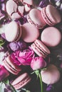 Sweet pink macaron cookies and rose flowers, buds and petals