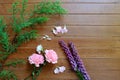 Sweet Pink and Purple flowers on wood table background Royalty Free Stock Photo