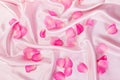 sweet pink roses petal on soft pink silk fabric , romance and Royalty Free Stock Photo