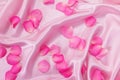 the sweet pink roses petal on soft pink silk fabric , romance Royalty Free Stock Photo