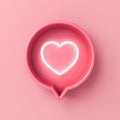 Neon like heart icon in pink round pin isolated on pink wall