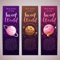 Sweet planets banners set. Candy shop advertising product.