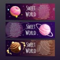 Sweet planets banners set. Candy shop advertising.