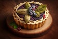 sweet plum mini pie decorated with leaves and berries