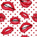 Sweet pop art Pair of Glossy Vector Lips Illustration. Open wet red lips with teeth pop art Royalty Free Stock Photo