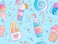 Sweet Positive little girl and princess seamless pattern. Repeatable pattern with hot tea, lolipop, ice cream and cake