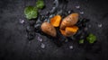 Sweet potato, batat on black background, Generative AI Royalty Free Stock Photo