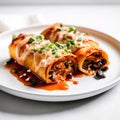 Sweet potato and black bean enchiladas on white round plate.