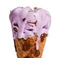 Sweet Potato Flavor Ice Cream Cone Melting With Drips On White Background With Clipping Path
