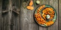 Sweet potato fries appetizer with lime and herbs on plate. Long banner format. top view. Vegetarian food concept Royalty Free Stock Photo