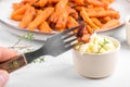 Sweet potato fries in a bowl with mayo sauce, homemade roasted pumpkin in the oven, close up Royalty Free Stock Photo
