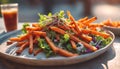 Sweet potato fries with salad