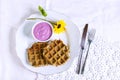 Sweet potato glutenfree waffles with blueberry yogurt dip