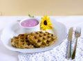 Sweet potato glutenfree waffles with blueberry yogurt dip