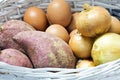 Sweet potato, onion and egg in the white basket: s