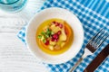 Sweet potato puree topped with fruit cubes and pomegranate Royalty Free Stock Photo