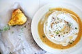 Sweet potato and rutabaga creamy soup with pears, herbs