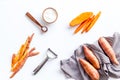 Sweet potato - sliced yams organic vegetables on cutting board, view from above