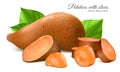 Sweet potato with slices and leaves