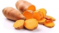 Sweet Potato Vegetable Tuber and Cut Part Pieces Clipping Path on White Background. Generative AI